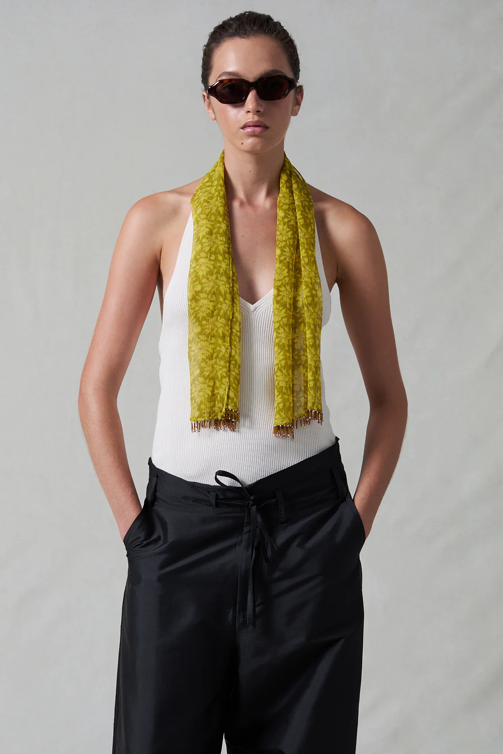 Beaded Silk Scarf Yellow - Image 2