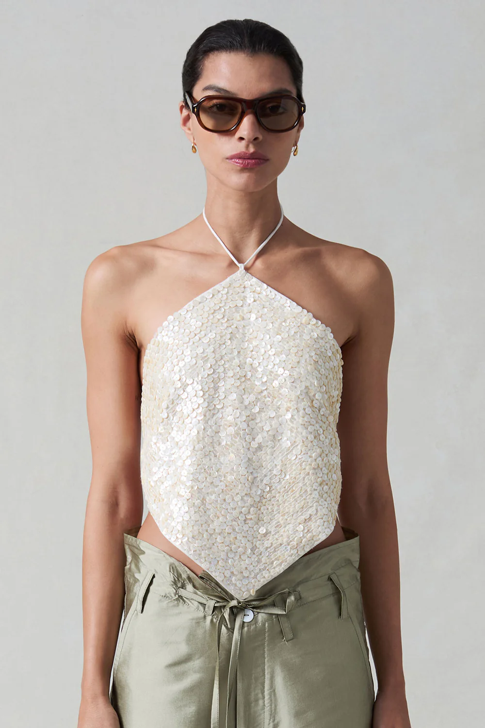Shell Button Backless Halter Top Natural