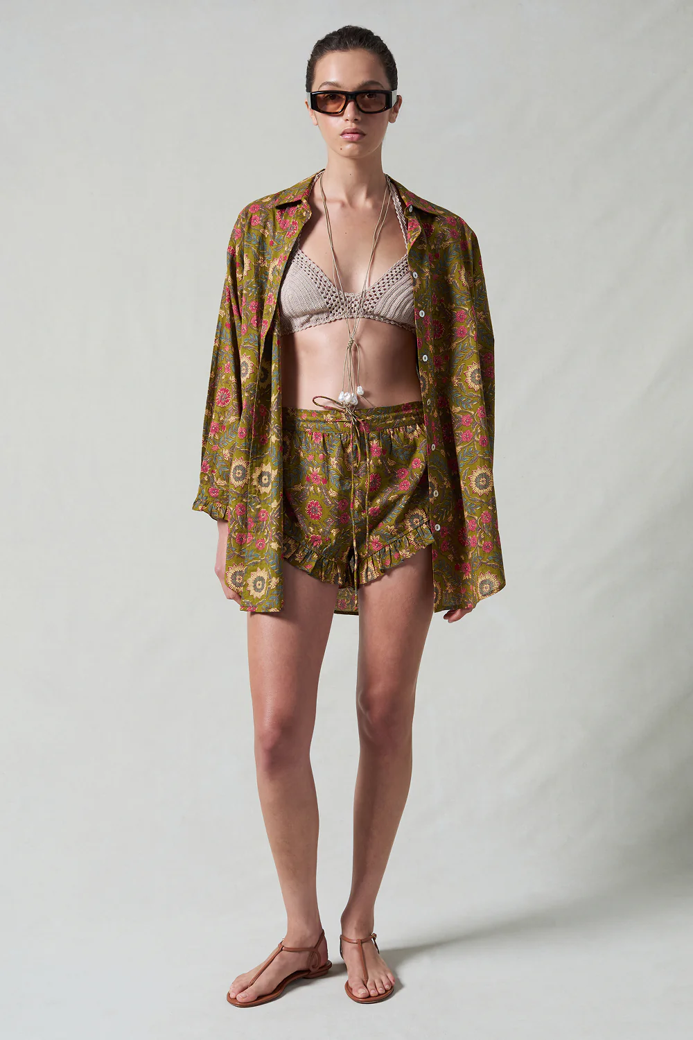 Wildflower Printed Ruffle Short Set Olive Green